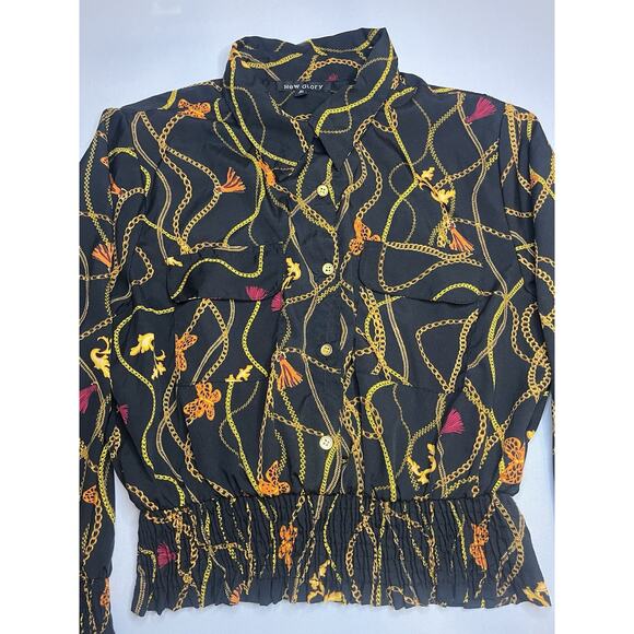 New Glory Women’s Long Sleeve Gold Chain Printed Smocked Waist Top Sz XL - Picture 6 of 8